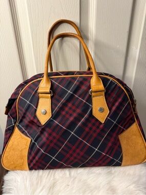 Burberry Navy and Burgundy Plaid Satchel with Tan Trim